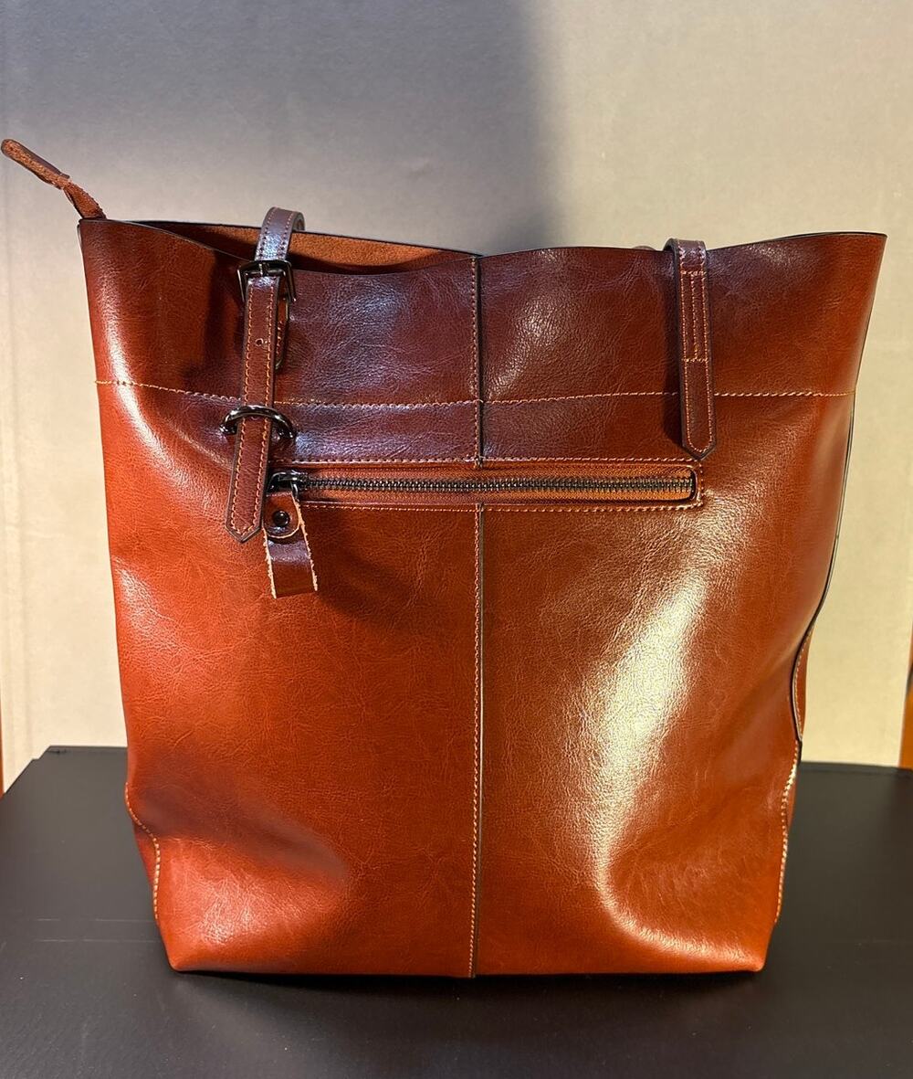 Kattee Leather Tote Shoulder Handbag Cognac Brown Adjustable Strap